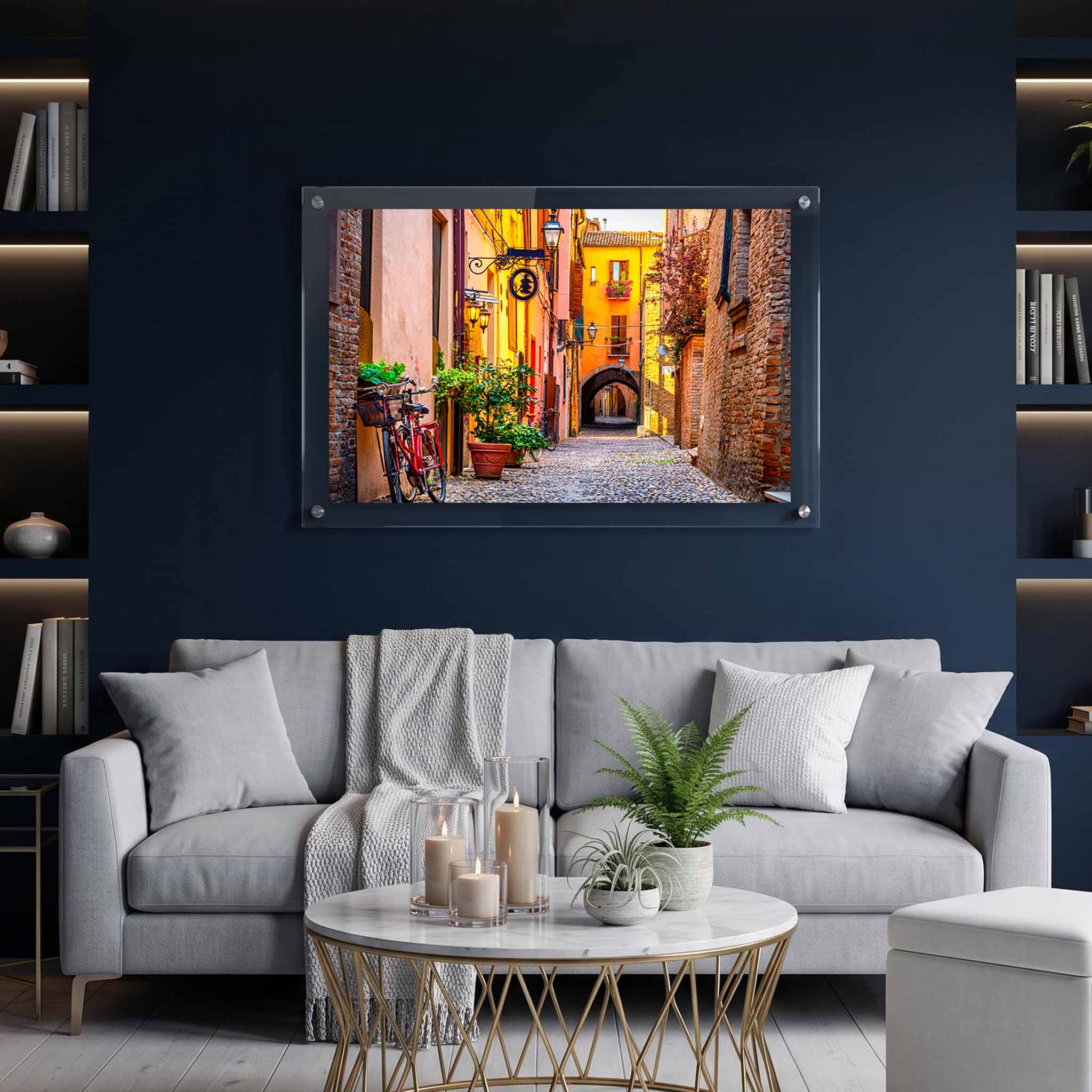 Colorful European alley wall art showing an arched passage displayed in a living room