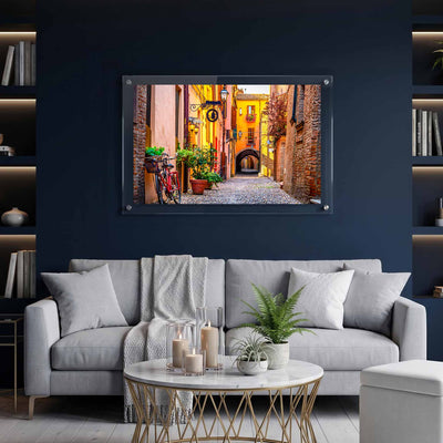 Colorful European alley wall art showing an arched passage displayed in a living room