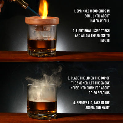 Two-panel instructions showing torch lighting wood chips on a glass, then smoke infusing a drink in the glass.