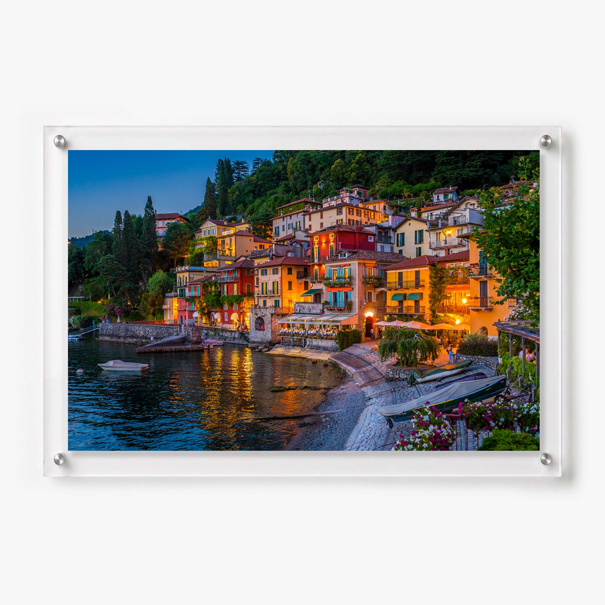 Acrylic wall art featuring a colorful Lake Como village glowing at dusk