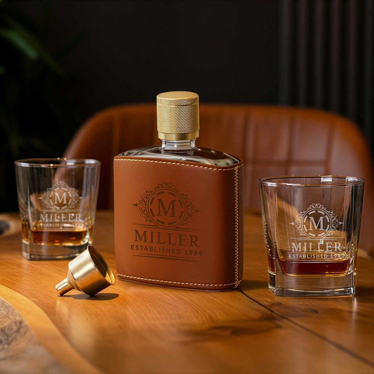 Crawford Leather Whiskey Flask - Rutherford Glasses