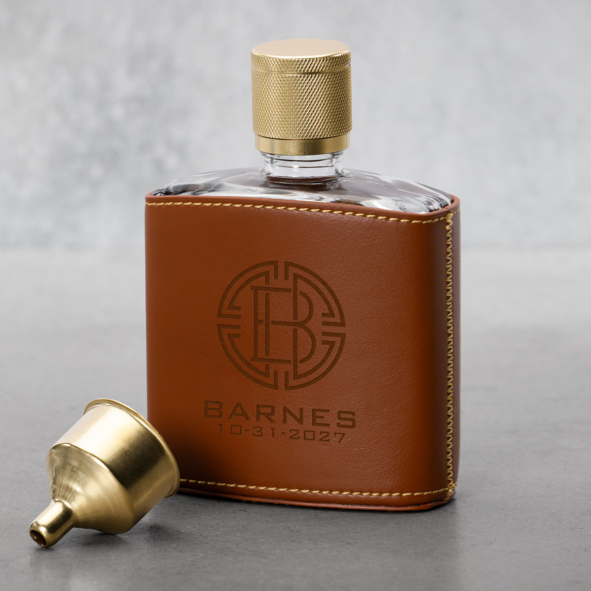 Personalized Leather-wrapped Whiskey Flask with gold cap and funnel
