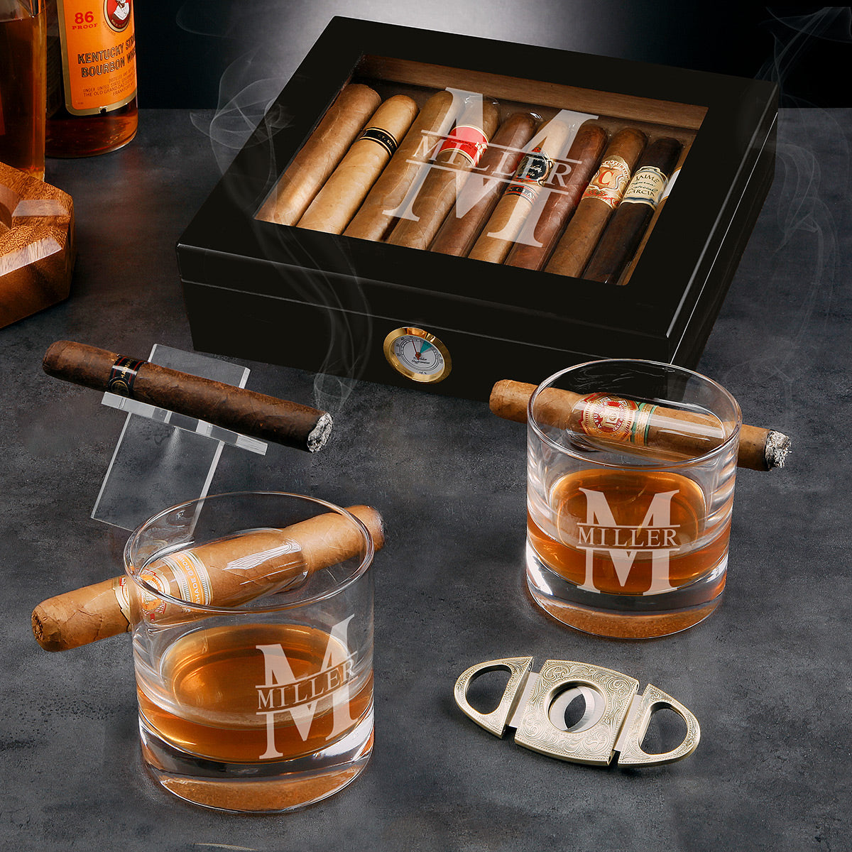 Esperanza Cigar Humidor with Custom Cigar Glasses and Accessories - Ebony Black