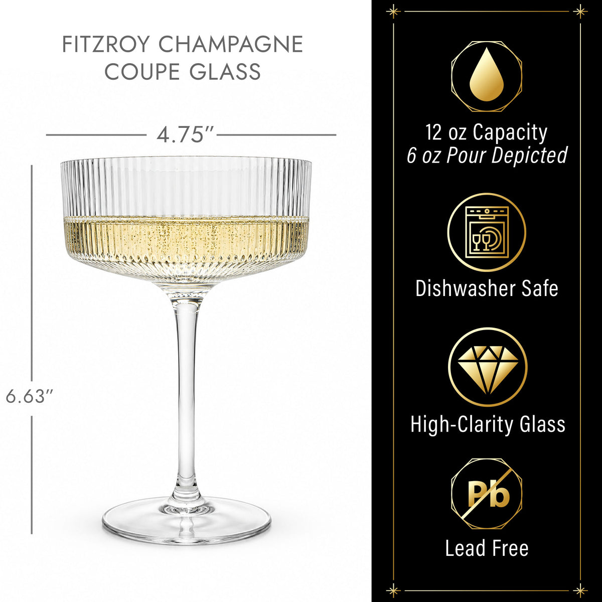 fitzroy champagne coupe glass dimensions and features