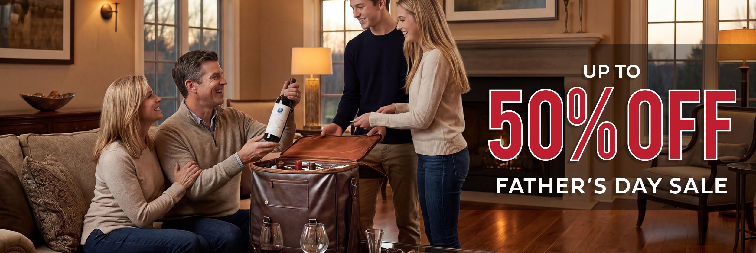 Family gathered around a table with a Father's Day sale promotion overlay.