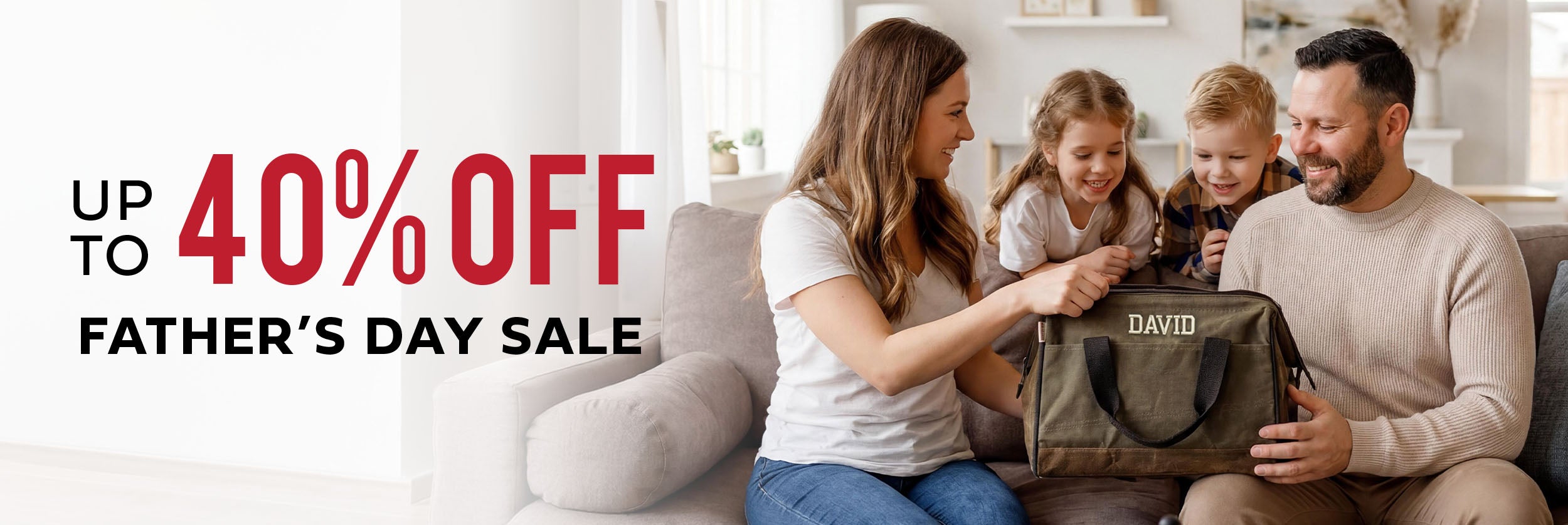 Father's Day sale banner with dad on couch with family and gift
