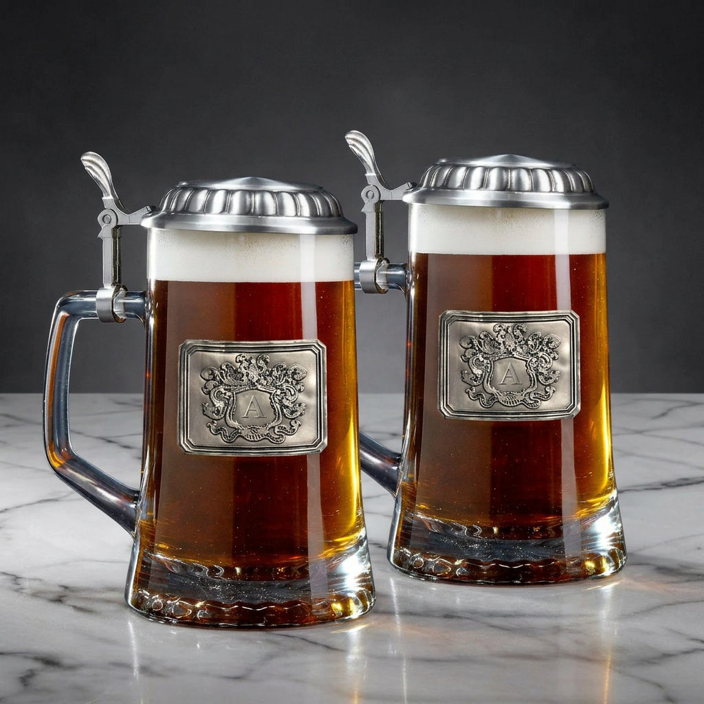 Two beer mugs with silver lids on a marble surface