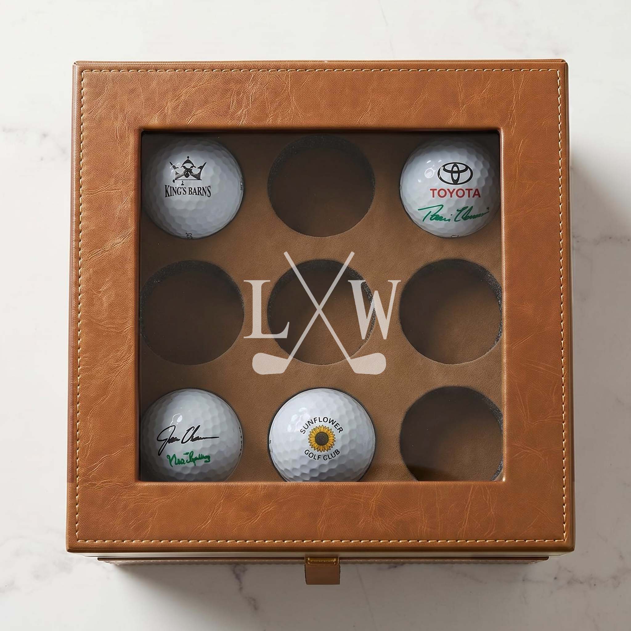 Personalized golf ball collector box with nine display compartments