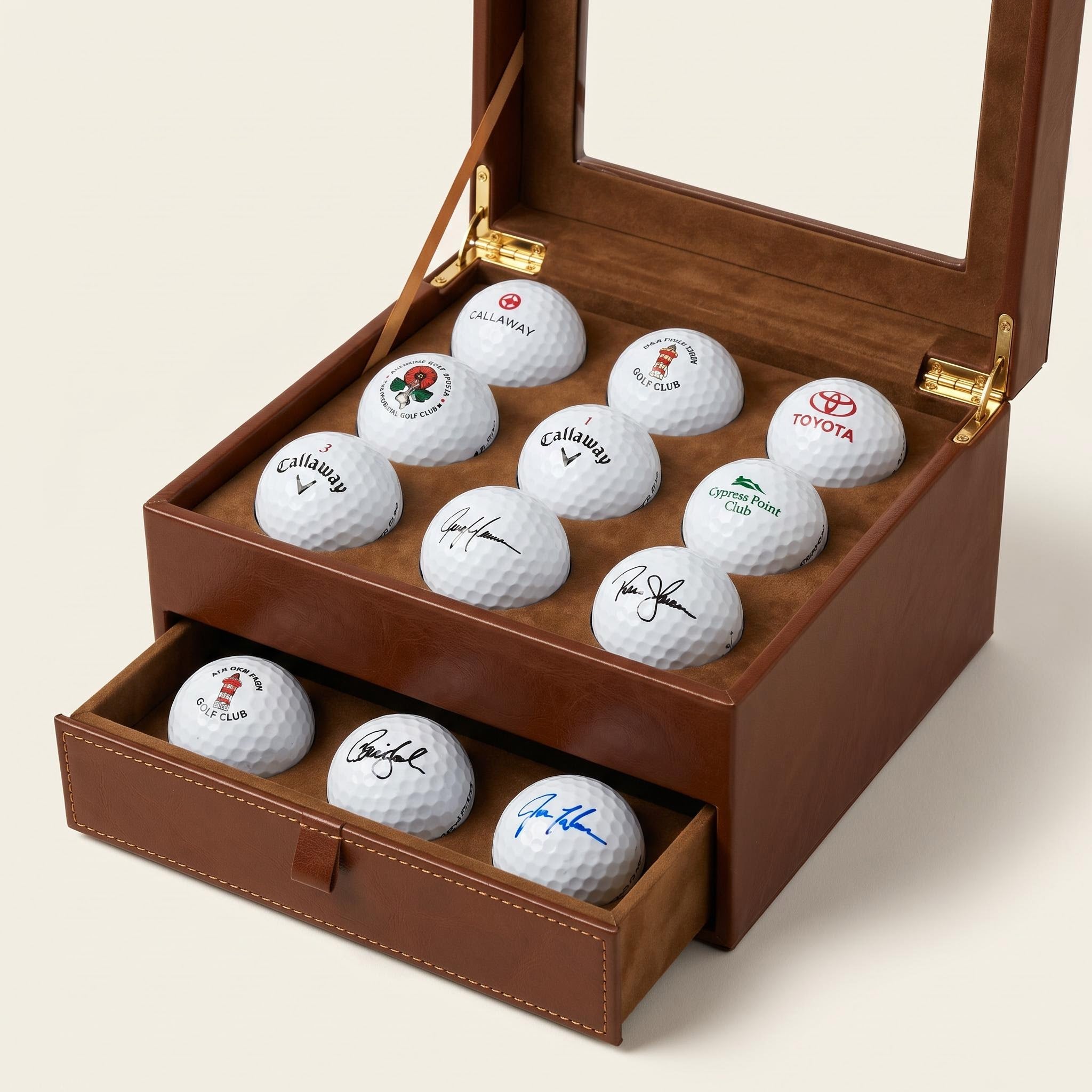 Luxury golf ball collector box filled with signed, branded, and course logo golf balls