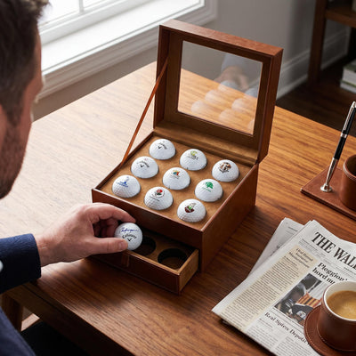 Person placing a collectible golf ball into the display case with a pull out drawer