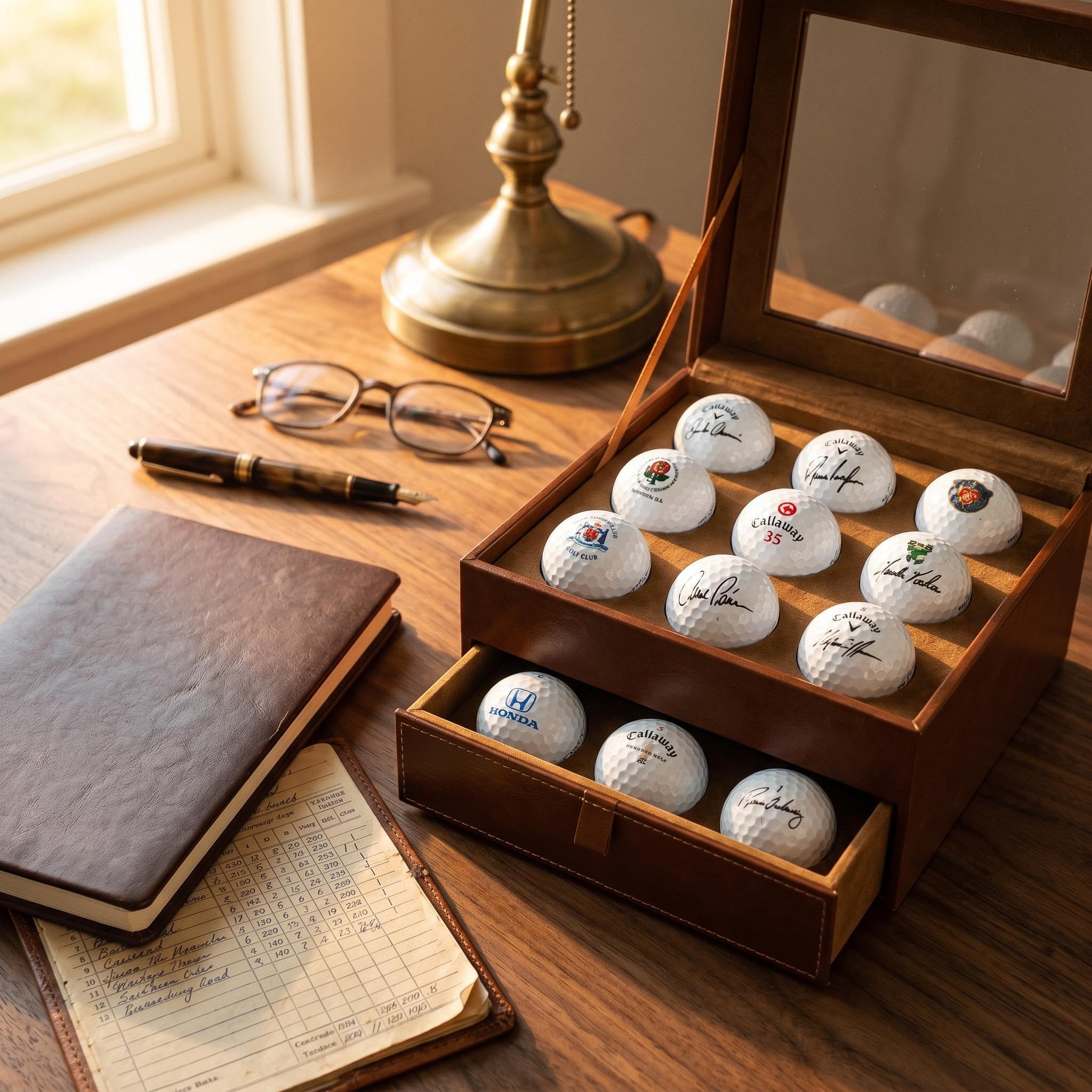 Golf ball display keepsake case holding signed and logo golf balls