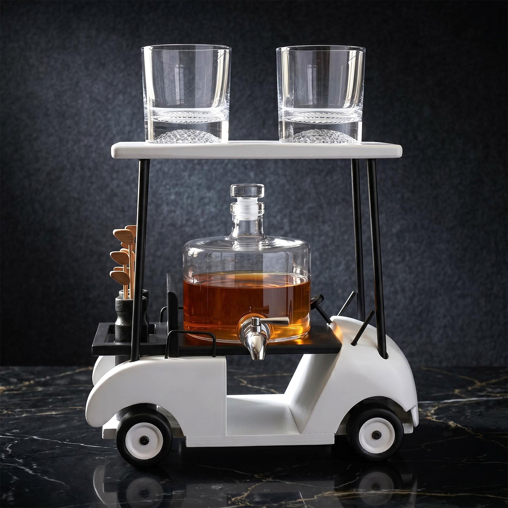 White golf cart decanter set with two whiskey glasses displayed on the roof