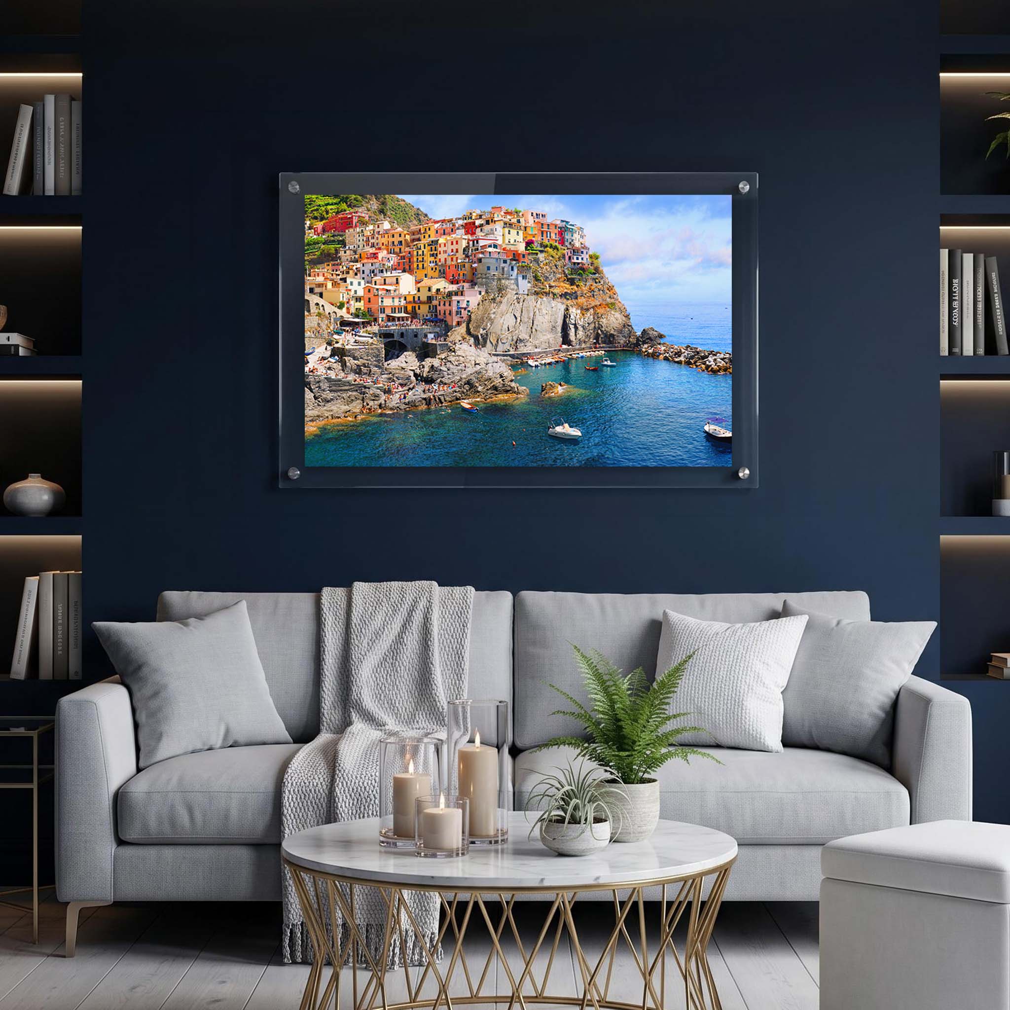 Italian seaside wall art showing a hillside town displayed in a living room