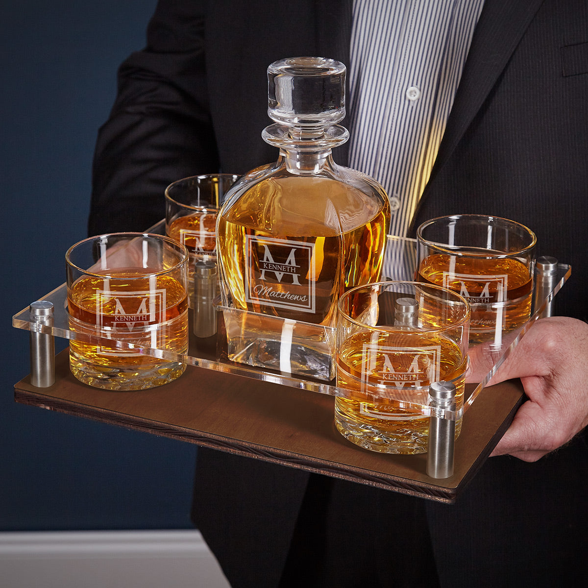Monogrammed Presentation Set with Custom Rocks Glasses & Whiskey Decanter - 6pc Walnut Serving Tray & Display Set