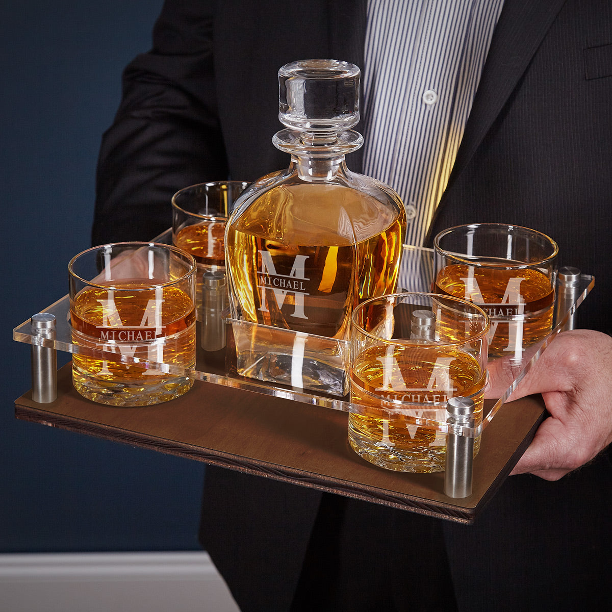 Draper Custom Whiskey Decanter Presentation Set with Glasses - Walnut Bar Serving Tray & Display Set