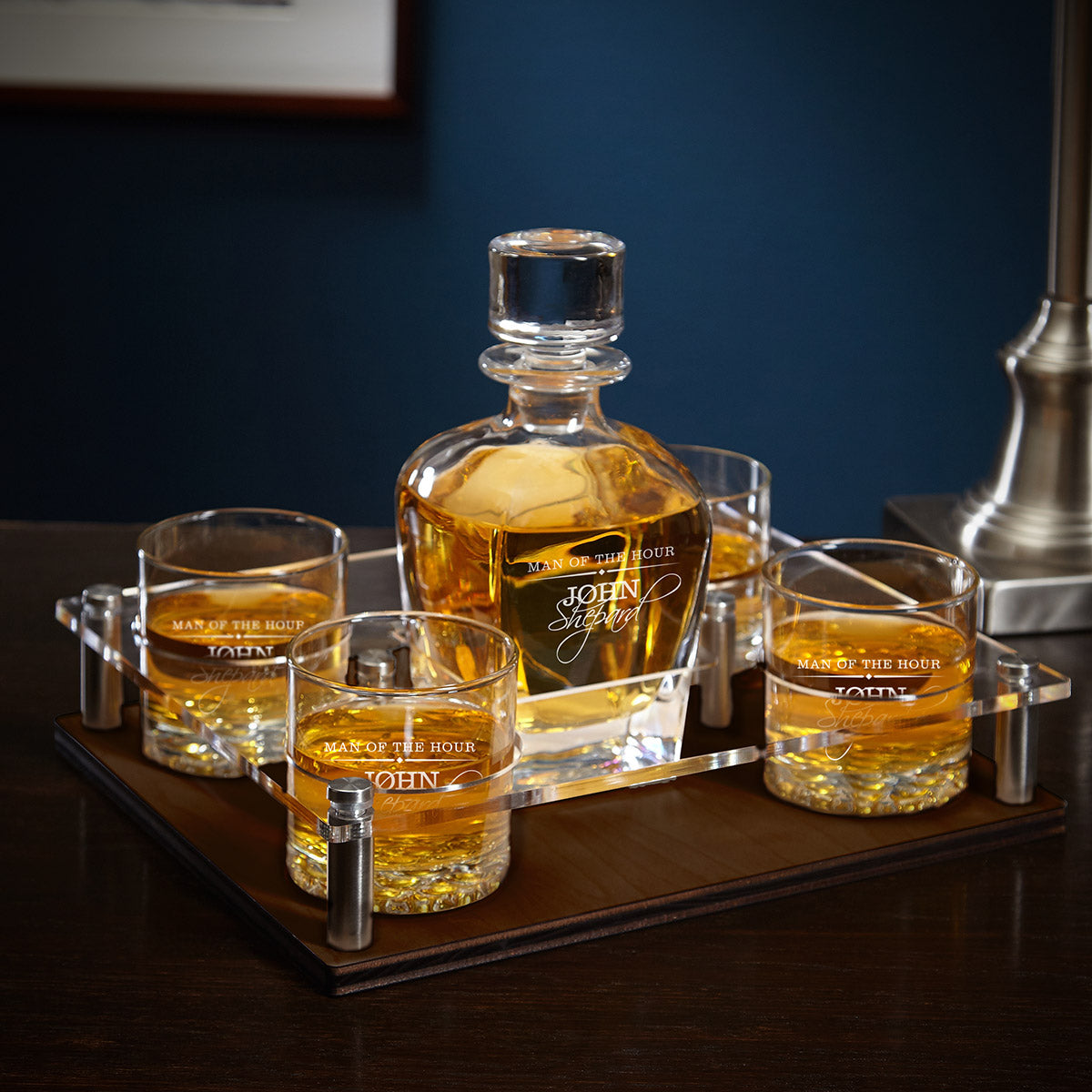 Engraved Bourbon Decanter Presentation with Glasses Set - Walnut Bar Serving Tray & Display Set