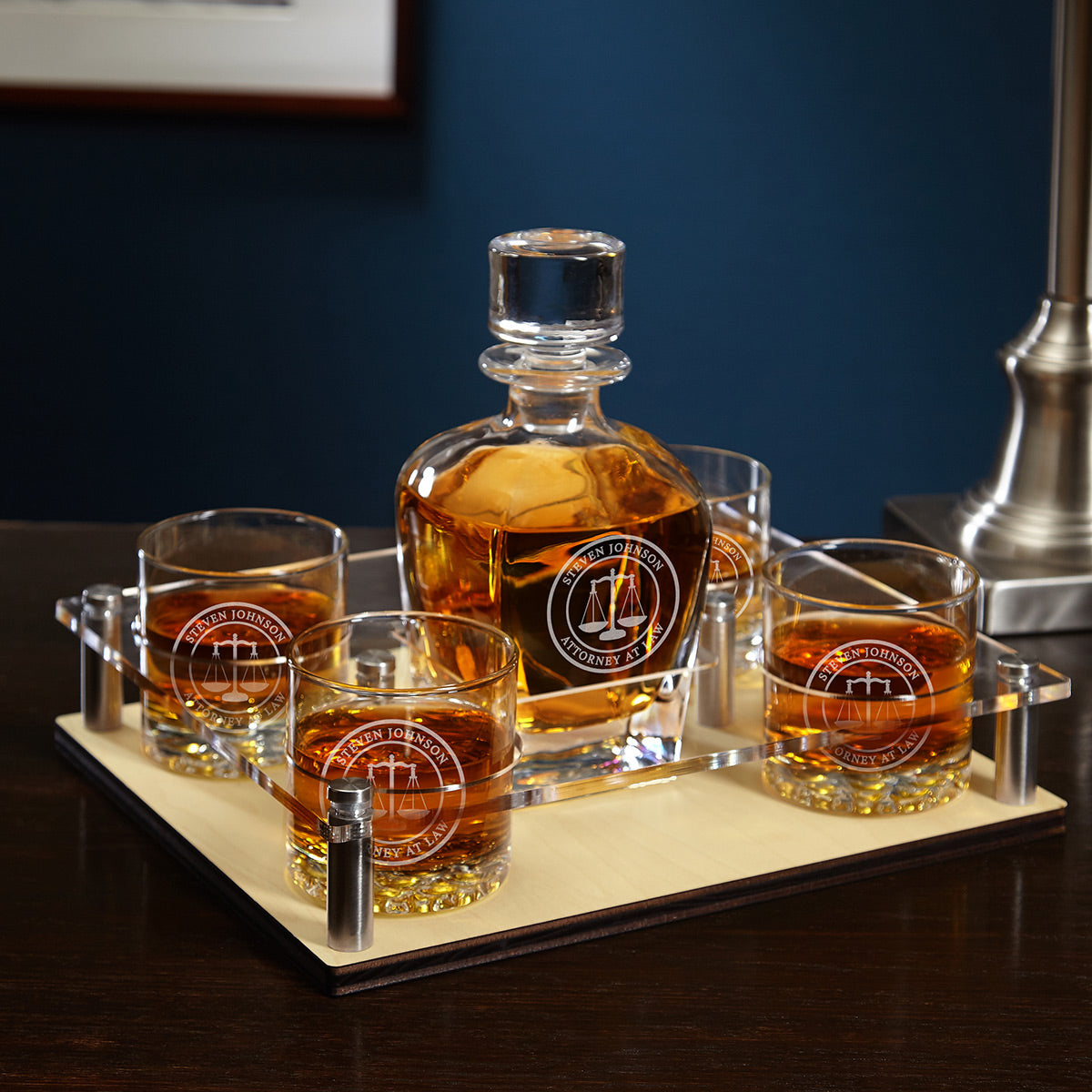 Lawyer Presentation Set with Custom Whiskey Decanter and Glasses - Bar Serving Tray & Lawyer Graduation Gift