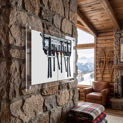 Modern ski wall art showing several pairs of skis displayed at a cabin