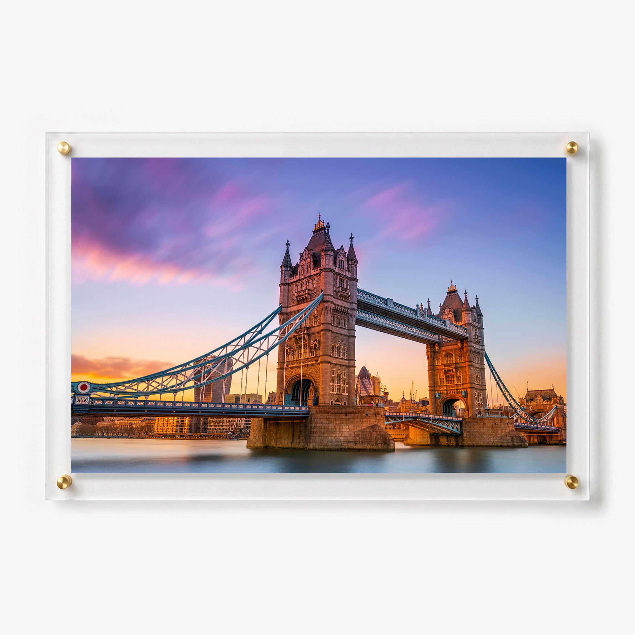 Acrylic wall art featuring London Tower Bridge illuminated beneath a colorful sunset sky