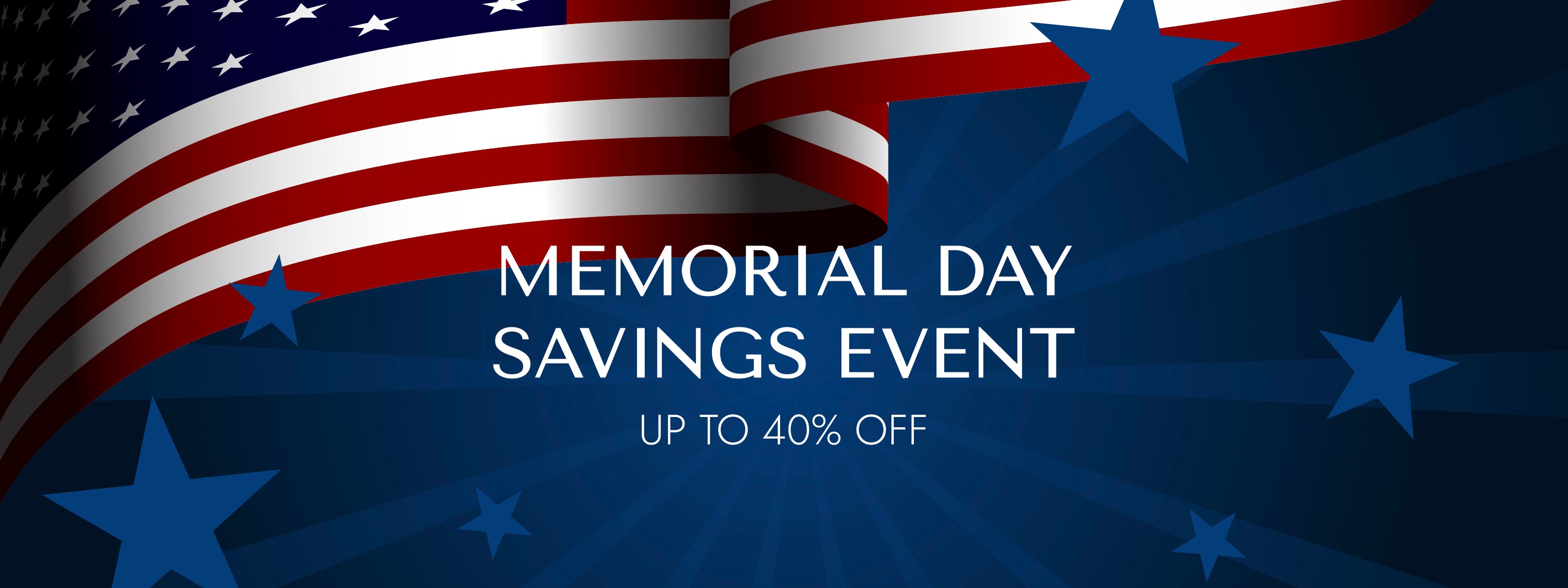 Memorial Day Savings Event Slider with 40% off with American flag and blue stars in background