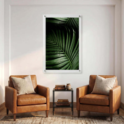 Tropical acrylic wall art displayed in a living room