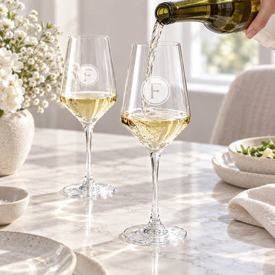 custom engraved white wine glasses with wine being poured