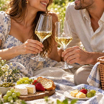 couple enjoying white wine in Montreux wine glasses outdoors