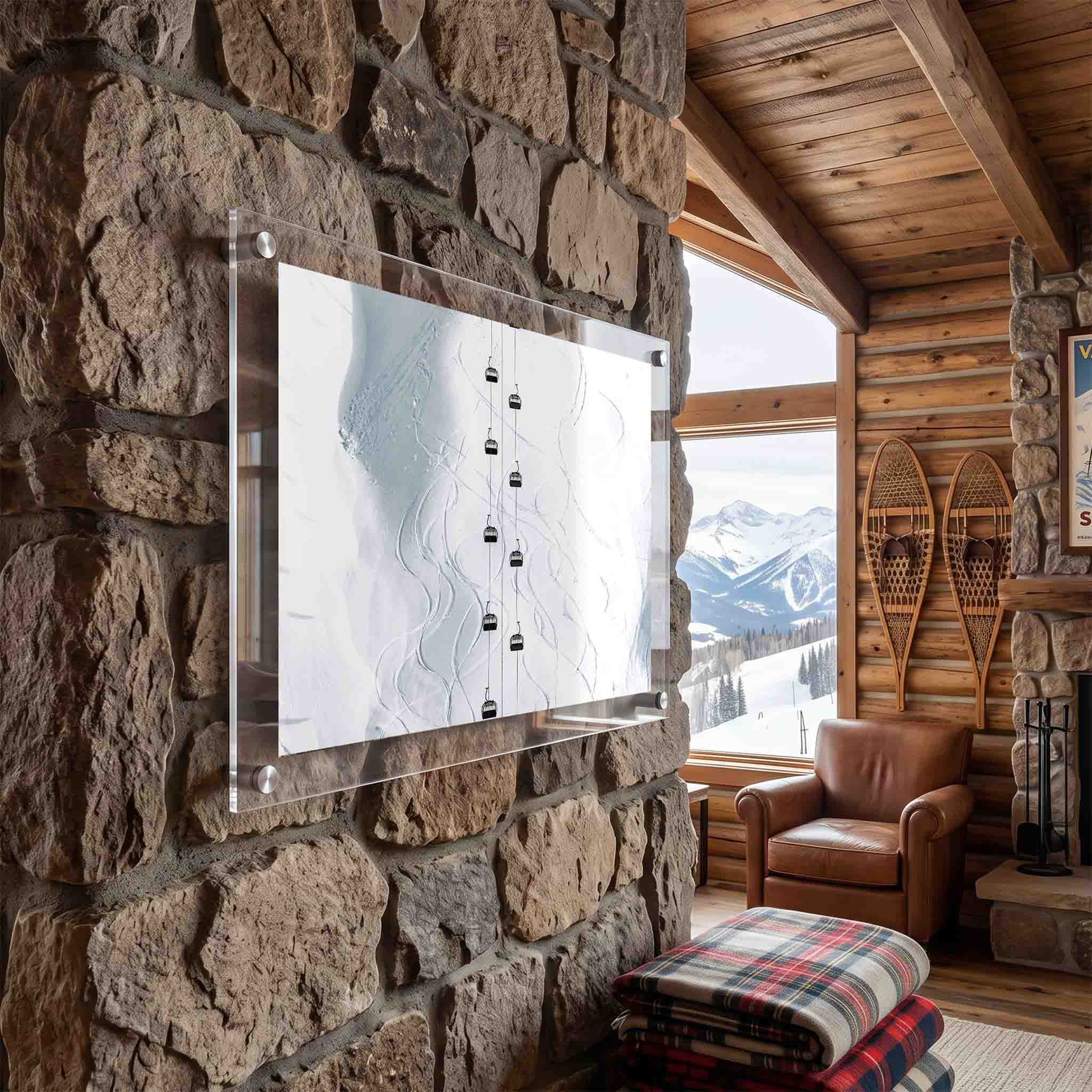 Snowy mountain wall art with ski lift cabins displayed at a cabin