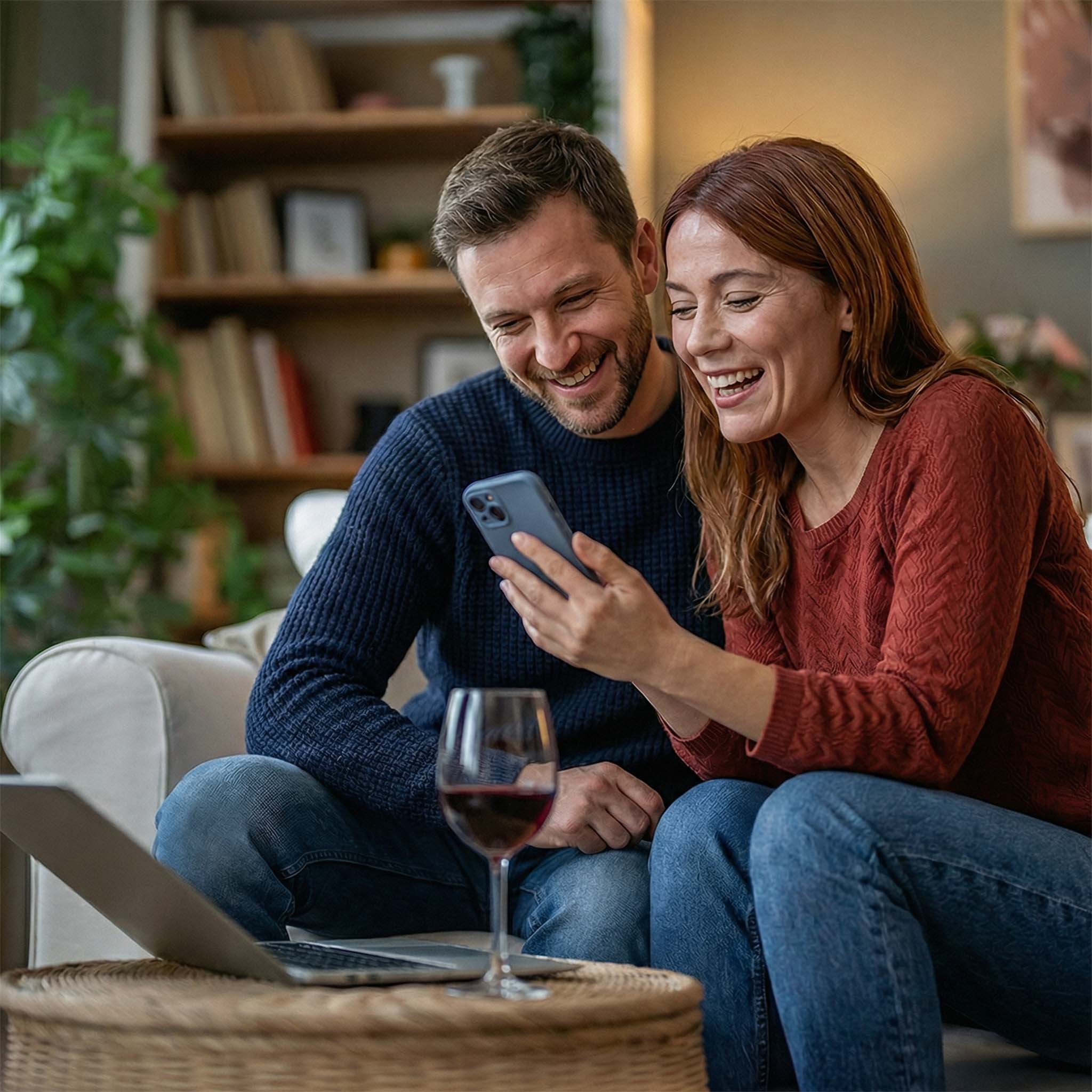 Man and woman sitting together in a cozy living room, looking at a phone.