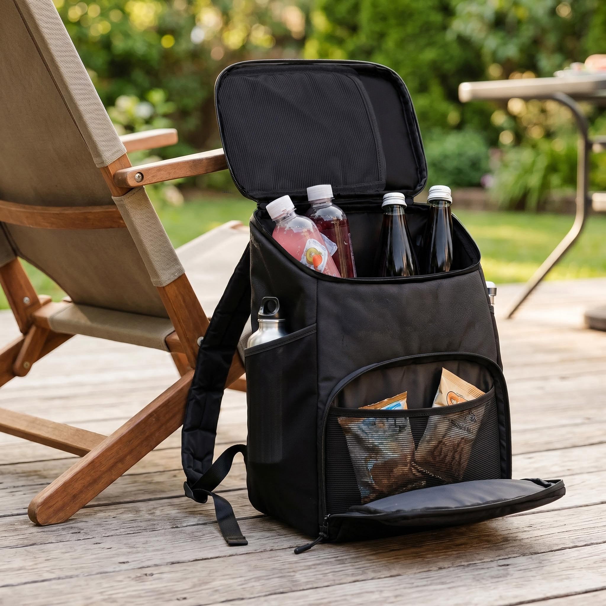 Black backpack cooler filled with drinks and snacks 