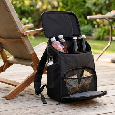 Black backpack cooler filled with drinks and snacks 