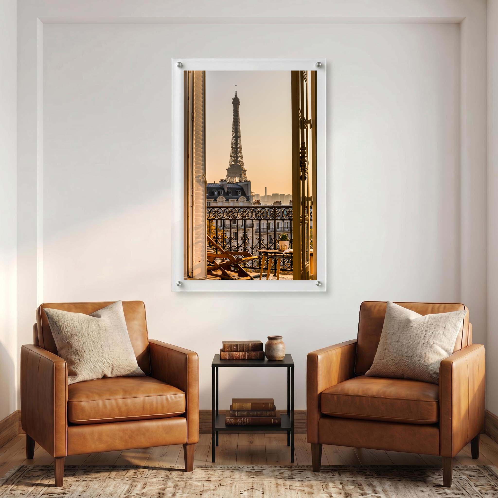 Eiffel Tower framed by open French doors displayed at a seating nook