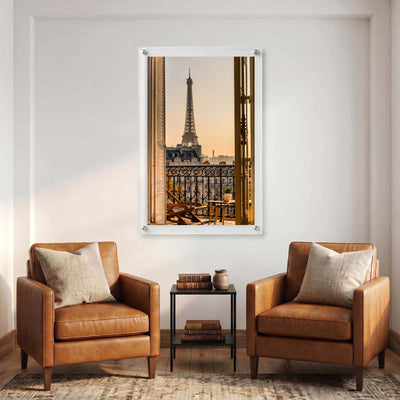 Eiffel Tower framed by open French doors displayed at a seating nook