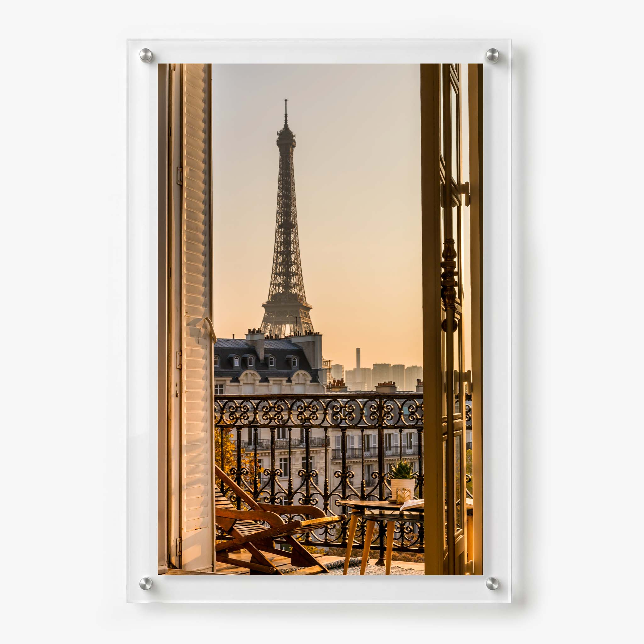 Acrylic wall art featuring the Eiffel Tower viewed through open balcony