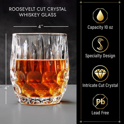 Cut crystal whiskey glass with amber liquid; 4-inch height/width, 10 oz capacity, lead-free design callouts.