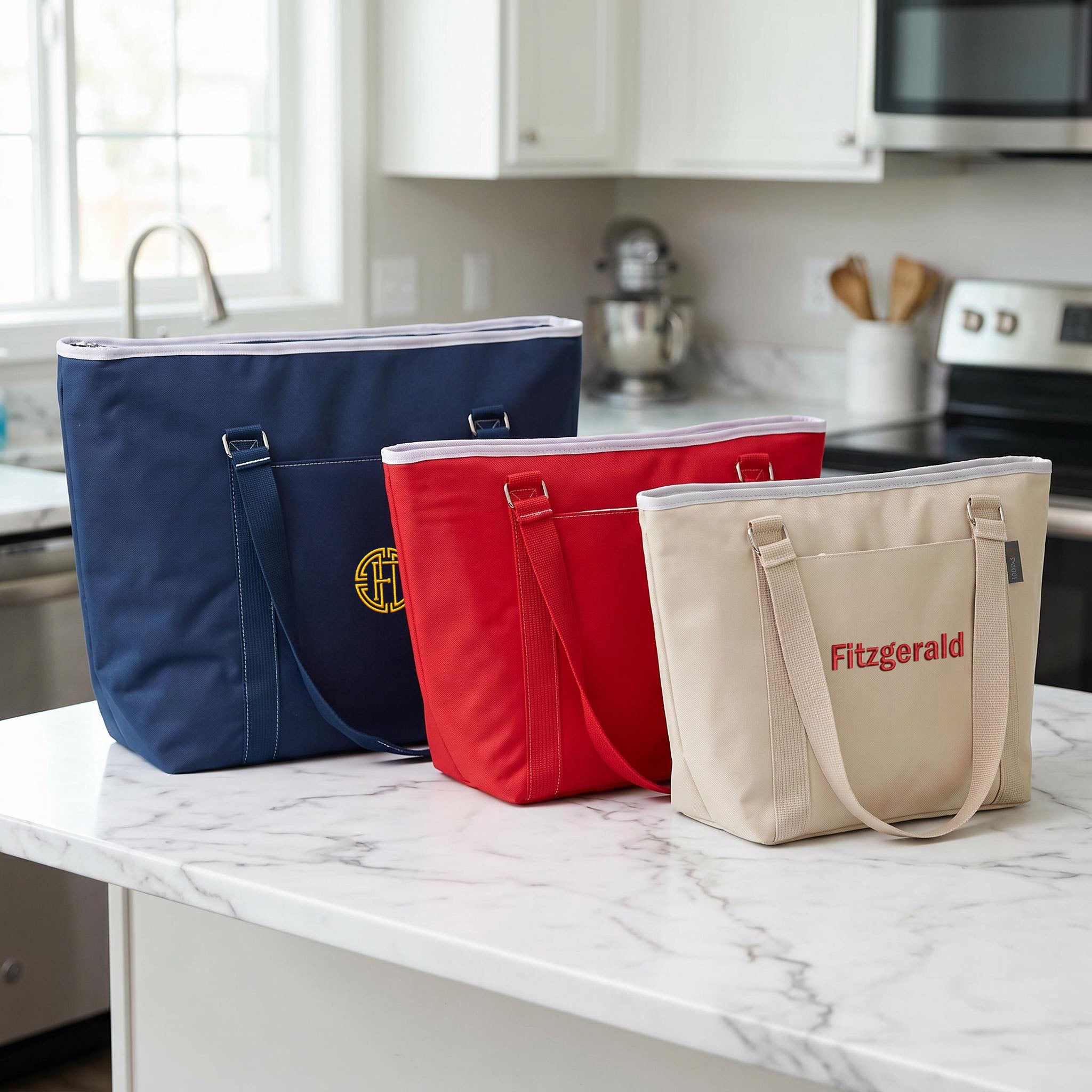 Personalized insulated tote bags in navy, red, and sand 
