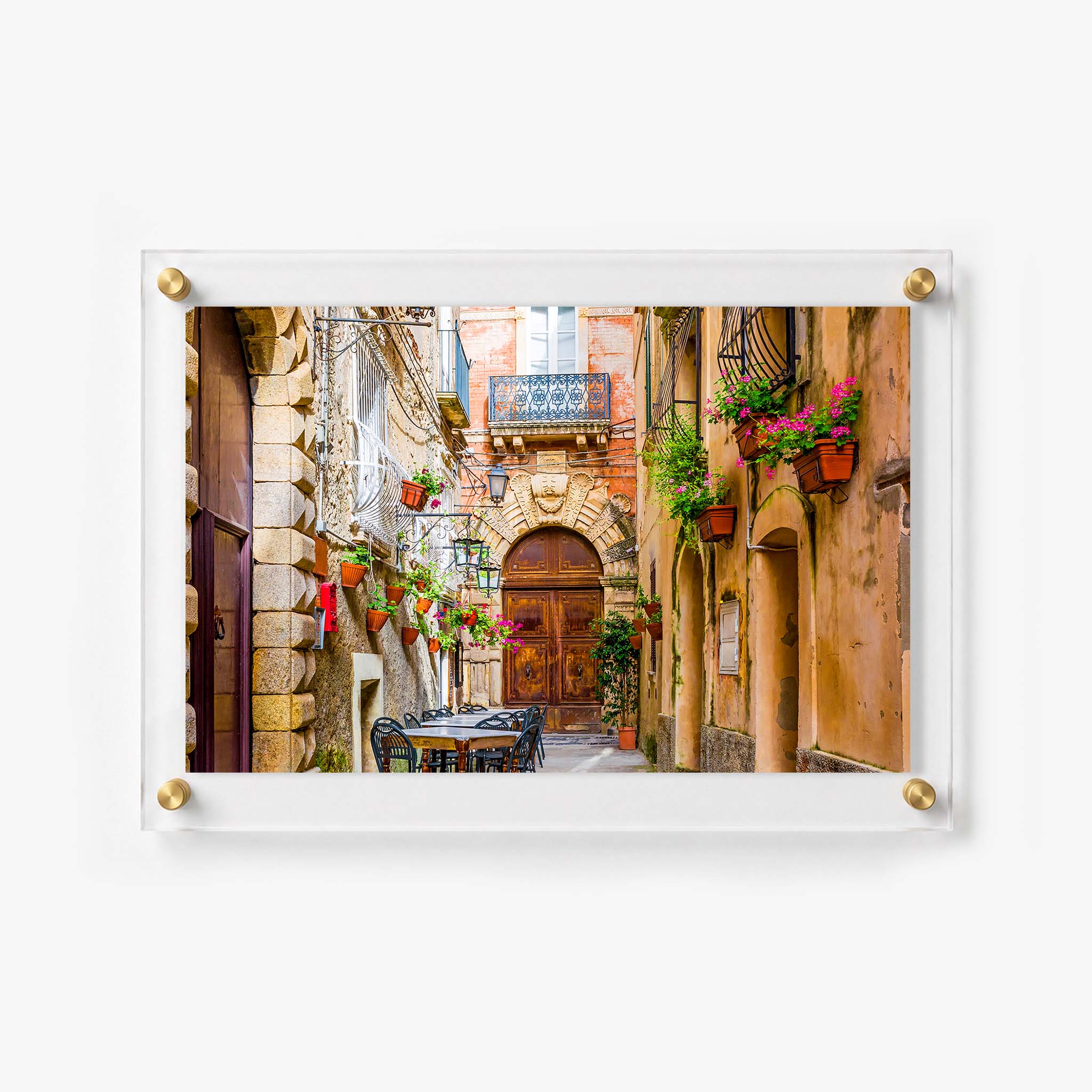 Acrylic wall art featuring a charming European alley 