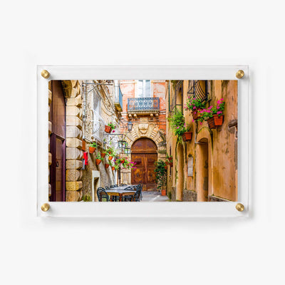 Acrylic wall art featuring a charming European alley 