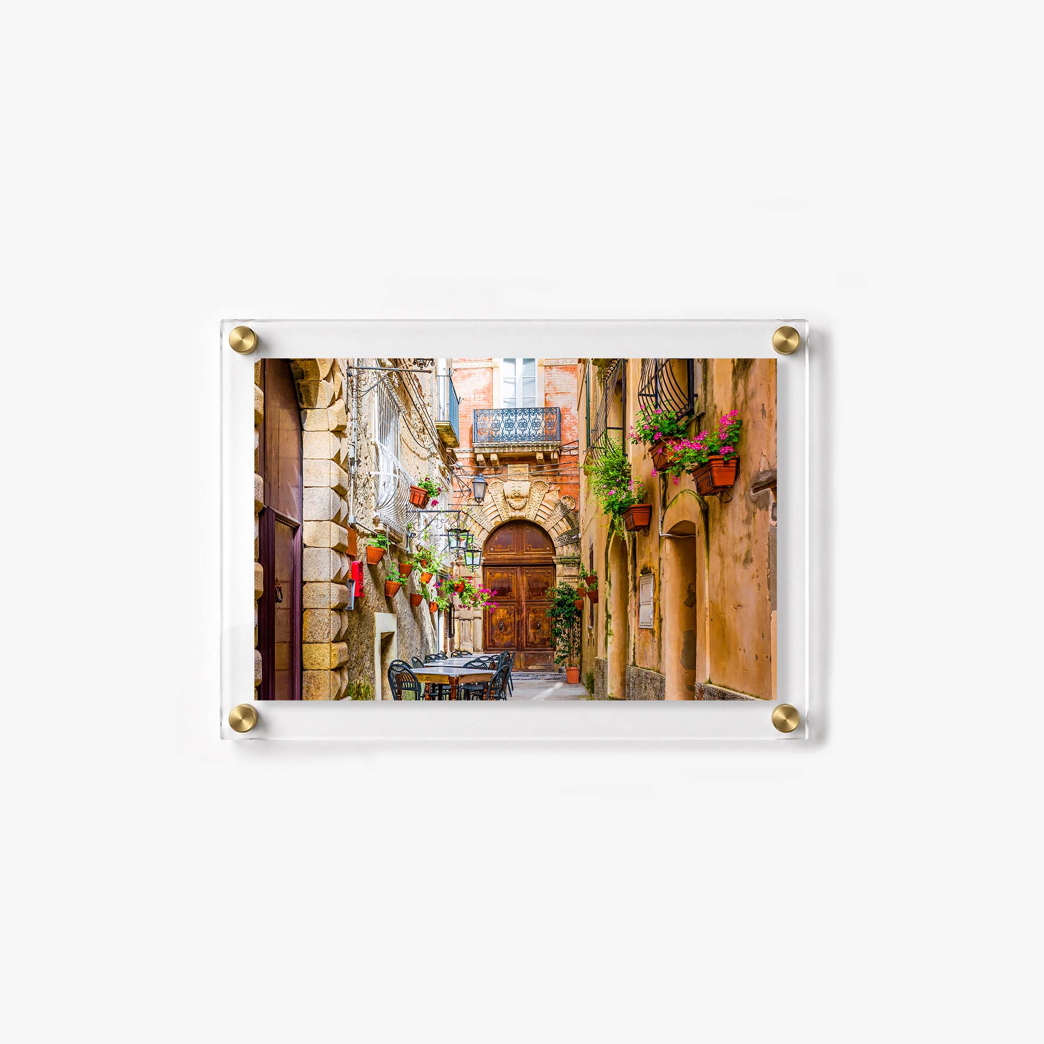 Vibrant Italian street scene with café chairs, and blooming flowers