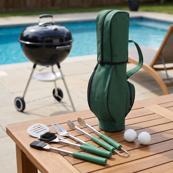 Golf-themed BBQ tool set with carrying bag by a poolside grill