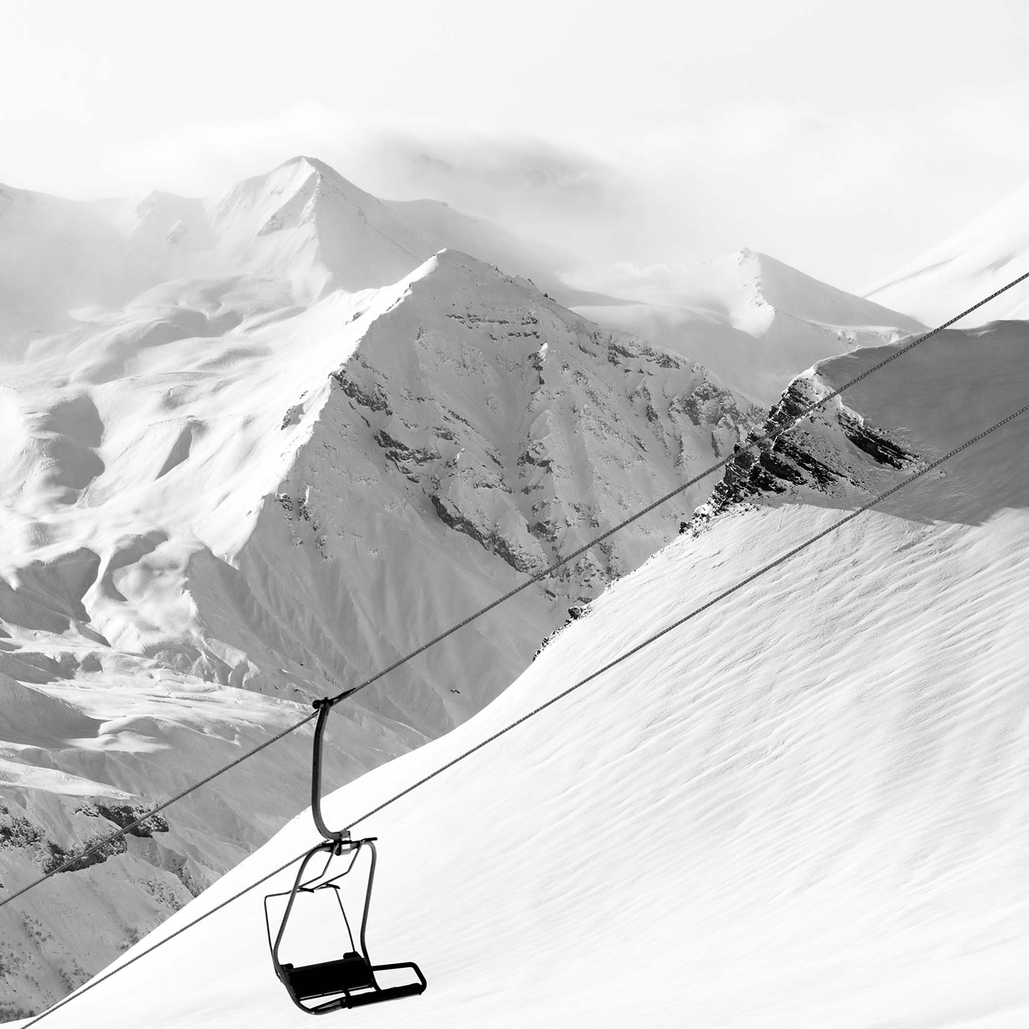 Black and white ski resort scene