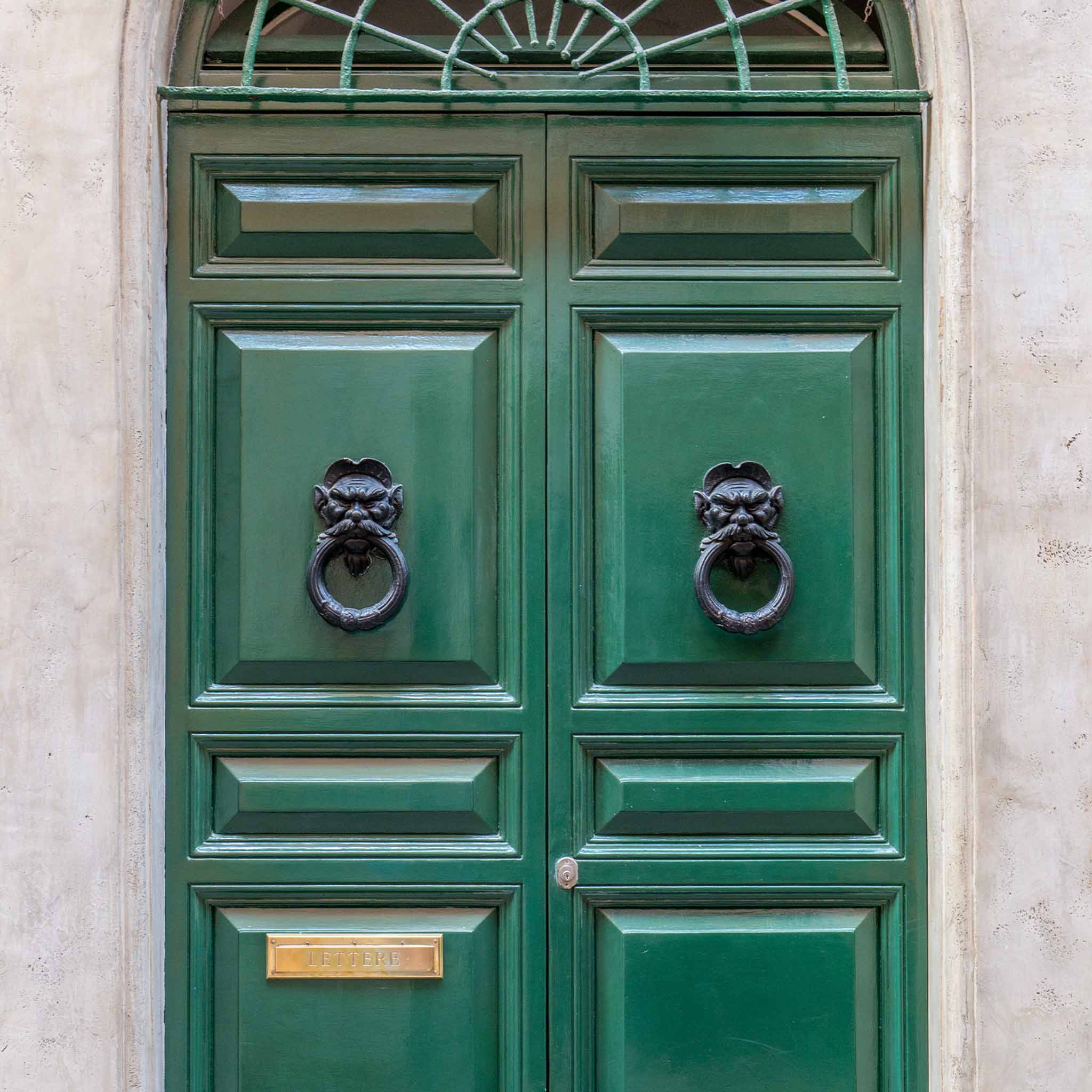 Vintage green double door with black metal ring knockers
