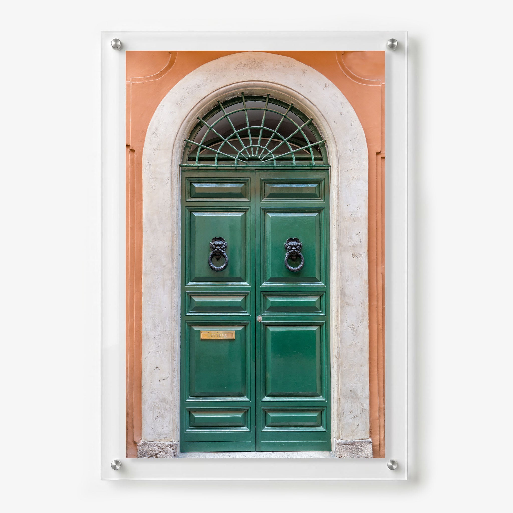 Acrylic wall art featuring an elegant green double door 