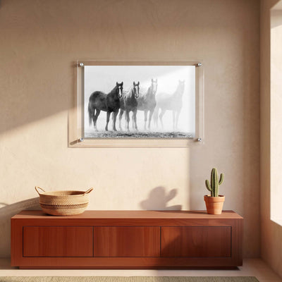 Acrylic wall art of horses standing quietly as their silhouettes fade displayed in an entryway
