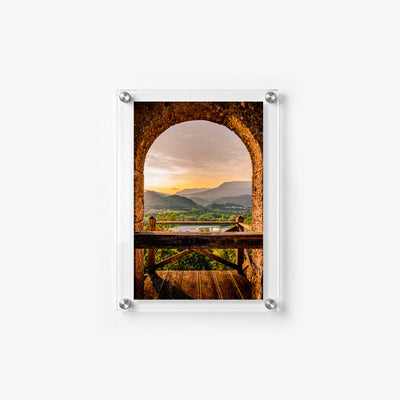 Travel inspired acrylic wall art with a panoramic valley view 