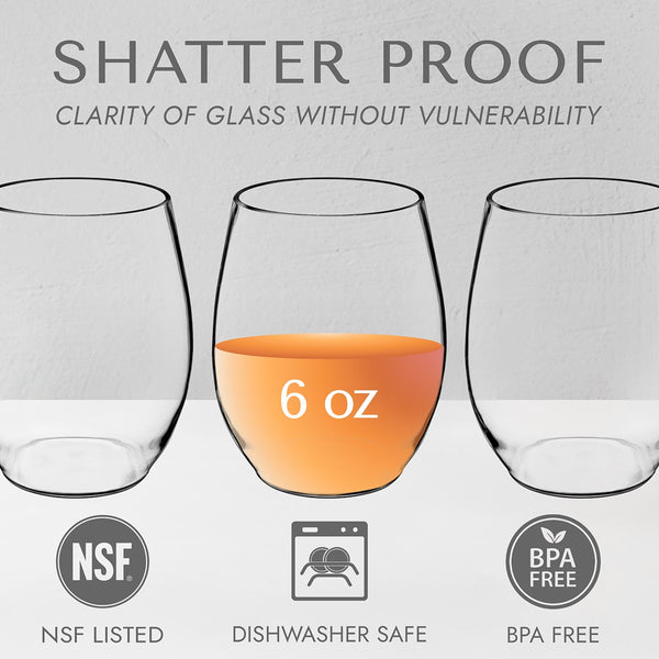 Shatter proof 6oz stemless wine glasses, clarity of glass without vulnerability, NSF-listed, dishwasher-safe, BPA-free.