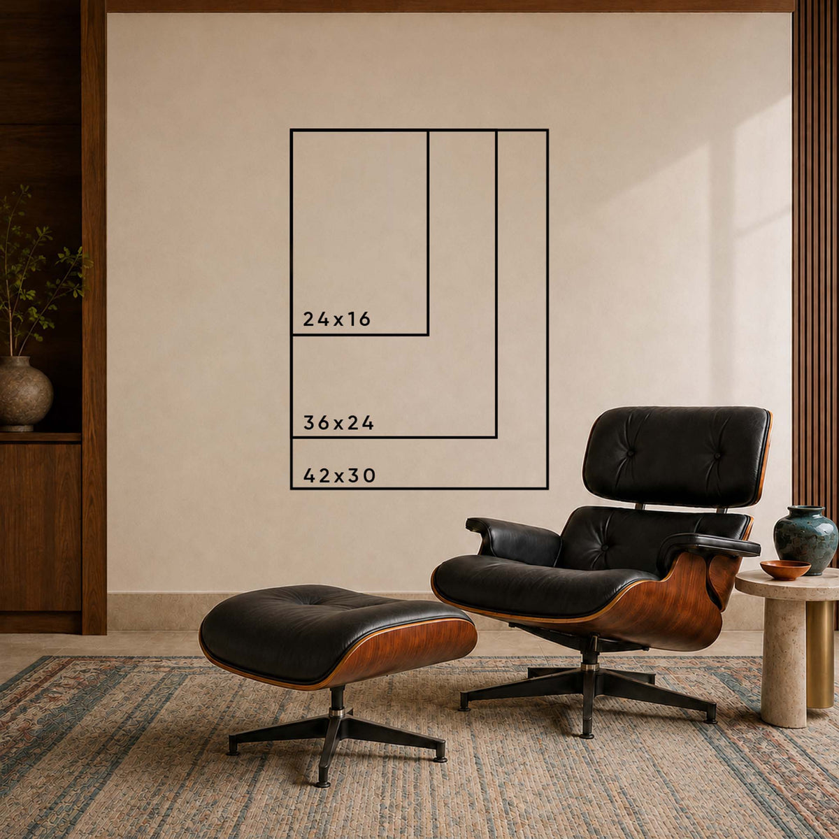 Vertical acrylic wall print sizing chart hanging in living space