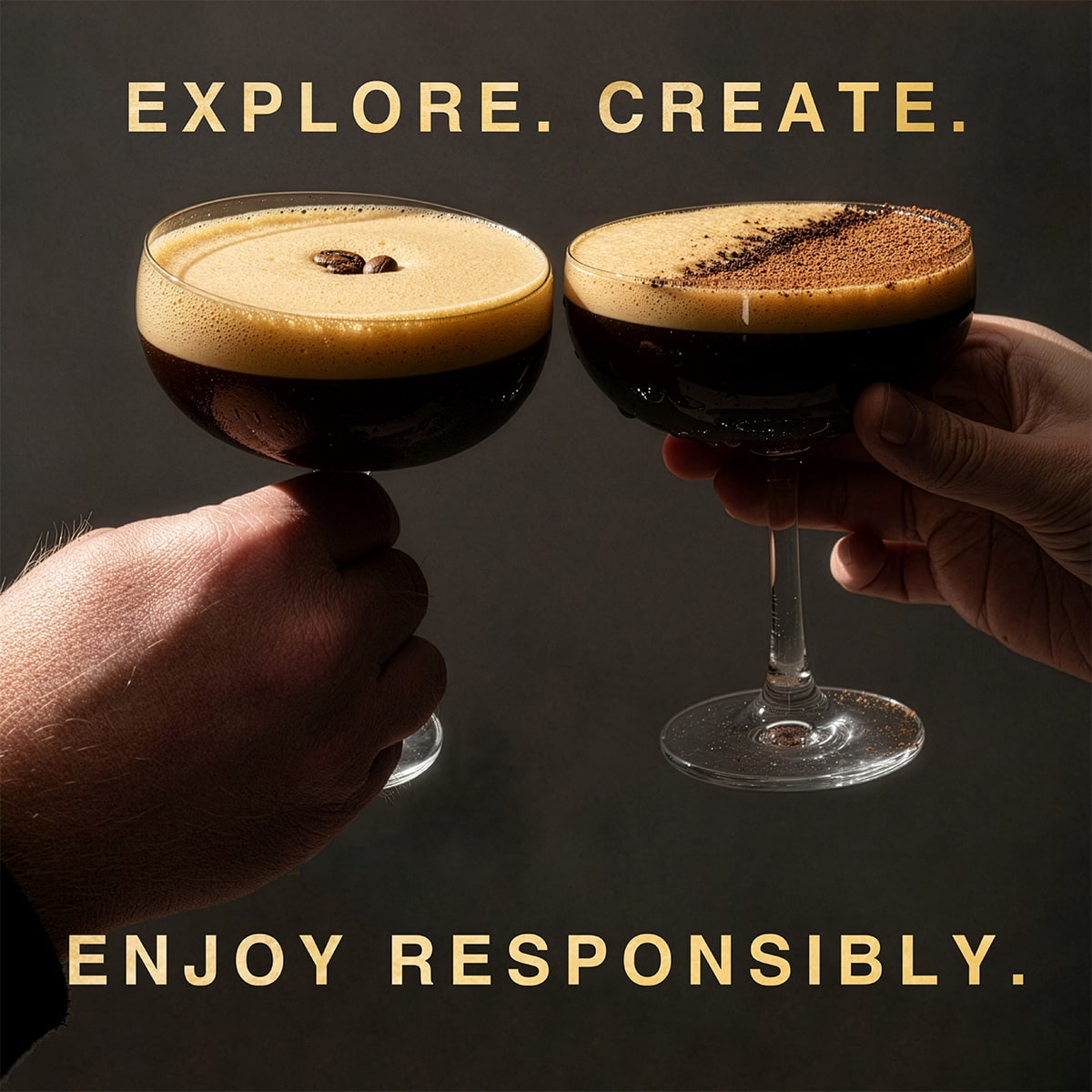 two glasses with expresso martini drink and explore, create, enjoy responsibly title