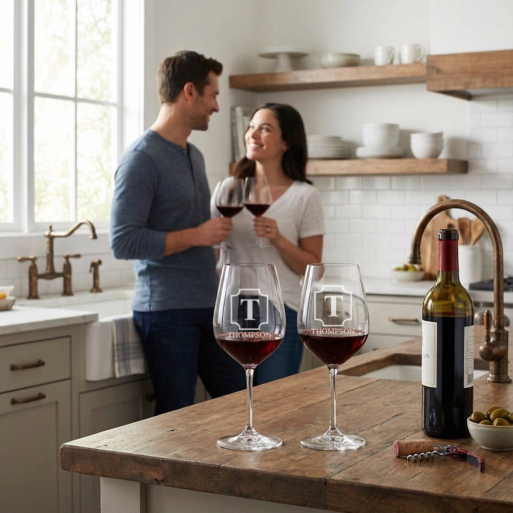 Man and woman in a kitchen with wine glasses and a bottle of wine on a wooden counter.