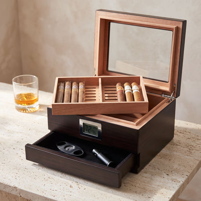 open wooden cigar humidor with Spanish cedar tray and storage drawer